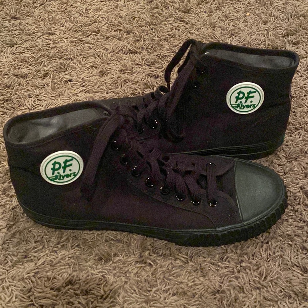 PF FLYERS black high tops mens: 10.5 womens: 12